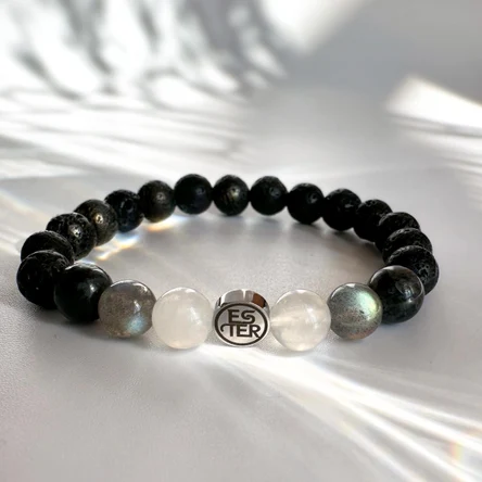 Браслет из натуральных камней Лунный камень, Лабрадорит, Ларвикит, Лава, ESTER